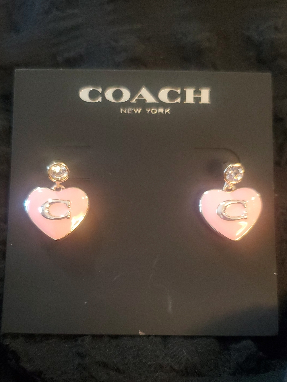 Coach Gold-Tone Pink Heart Drop Earrings with Crystal Studs
